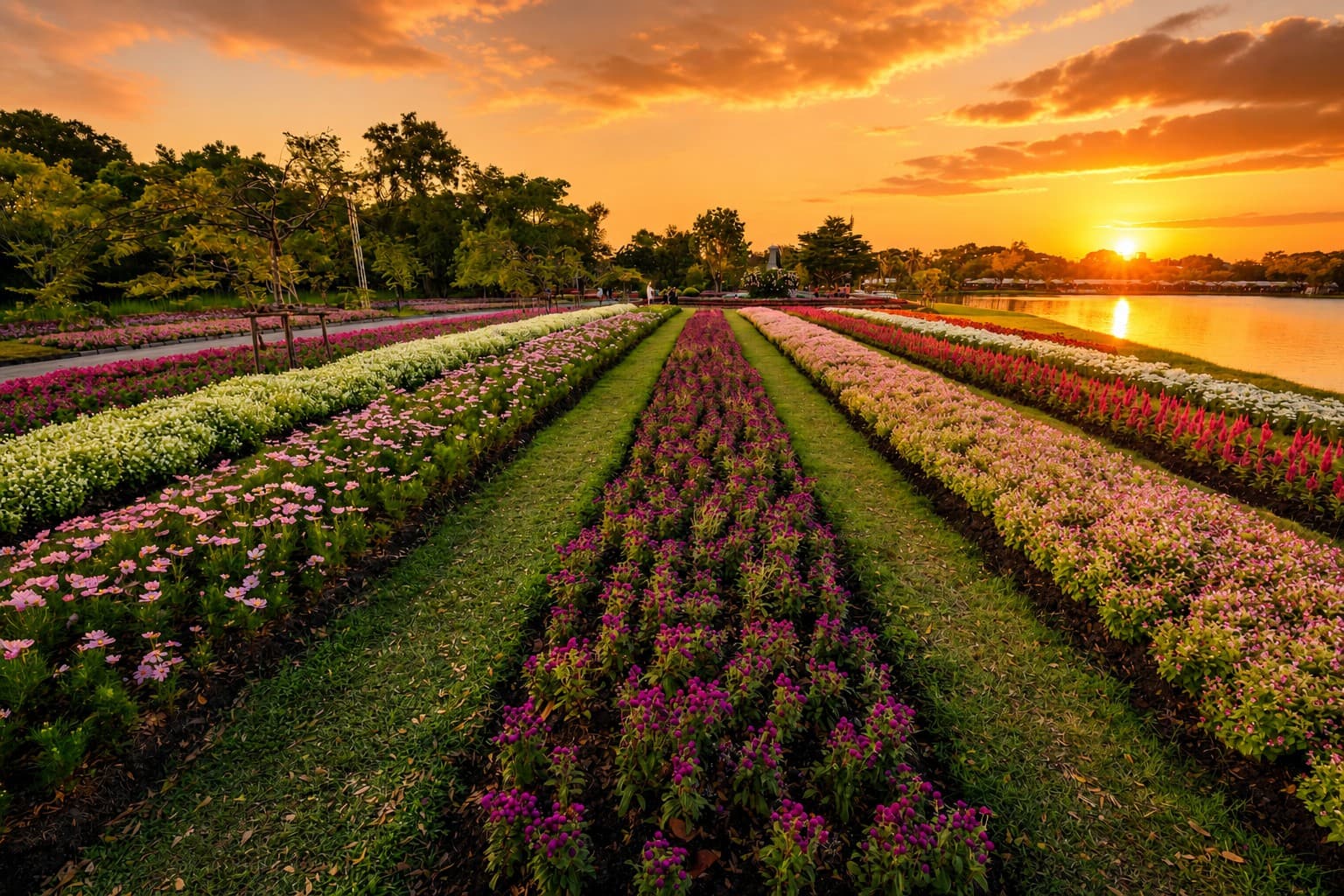 Flower field at sunset