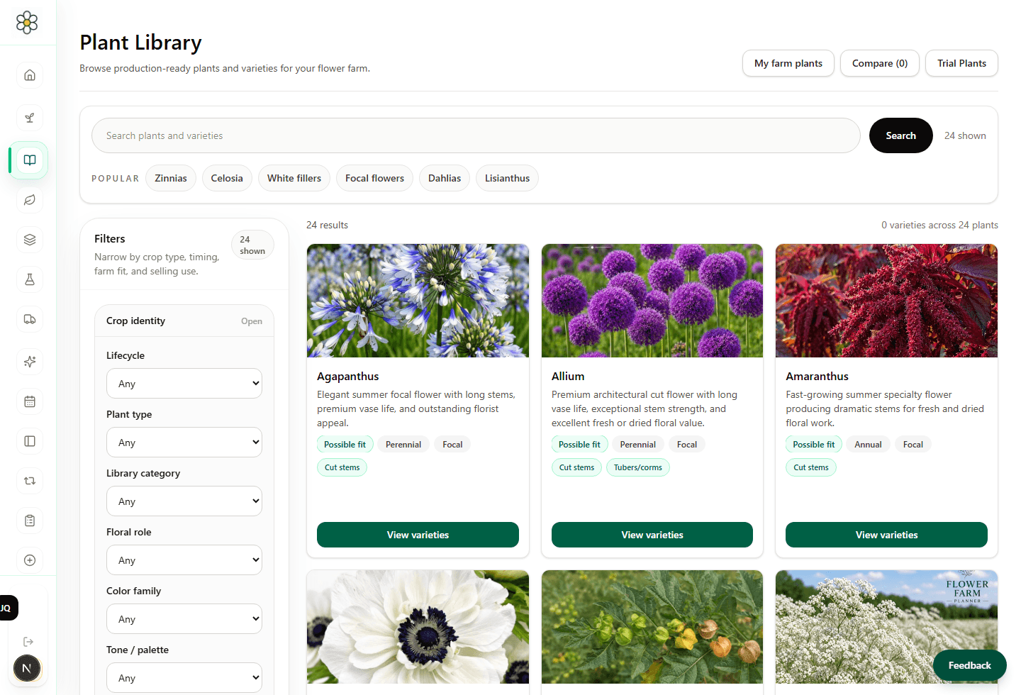 Flower Farm Planner plant recommendations and crop library screen
