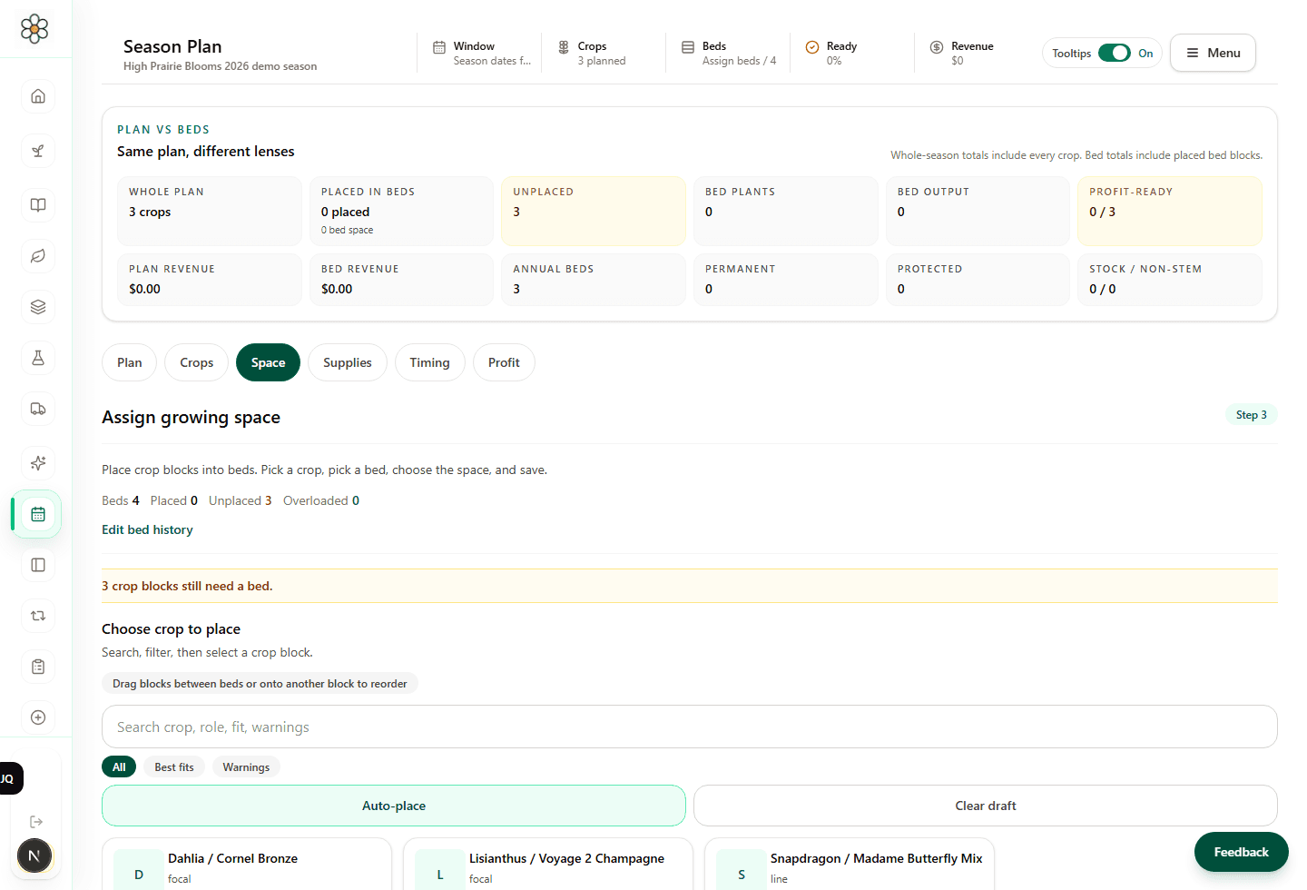 Flower Farm Planner season plan screen
